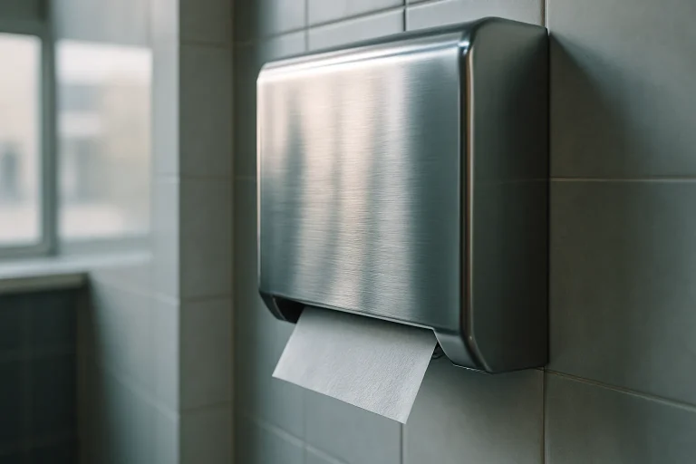 Gros plan sur un distributeur de papier essuie-mains avec serviettes visibles dans une salle de bain de bureau.