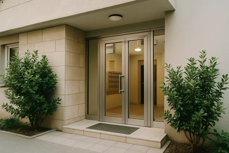 Entrée de hall d'immeuble avec plantes, lumière naturelle, façade propre