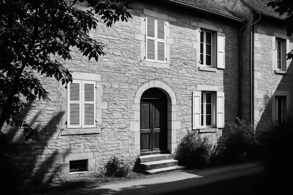 Façade d'une petite copropriété à Gray en noir et blanc, porte ancienne, lumière du jour