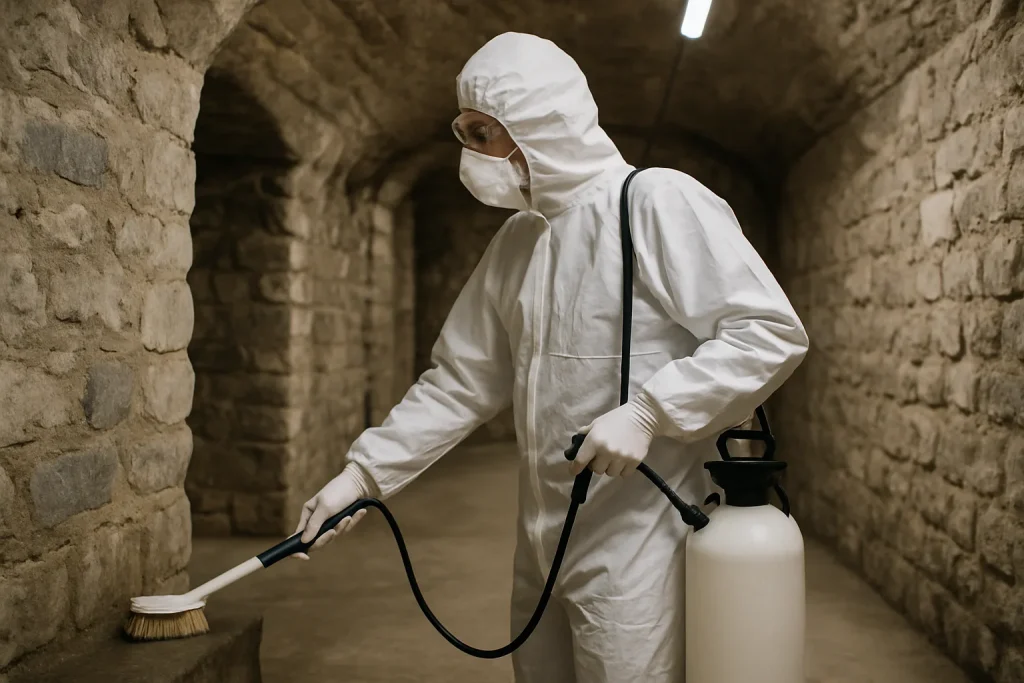 Technicien en tenue de protection nettoyant une cave commune infestée de rats.