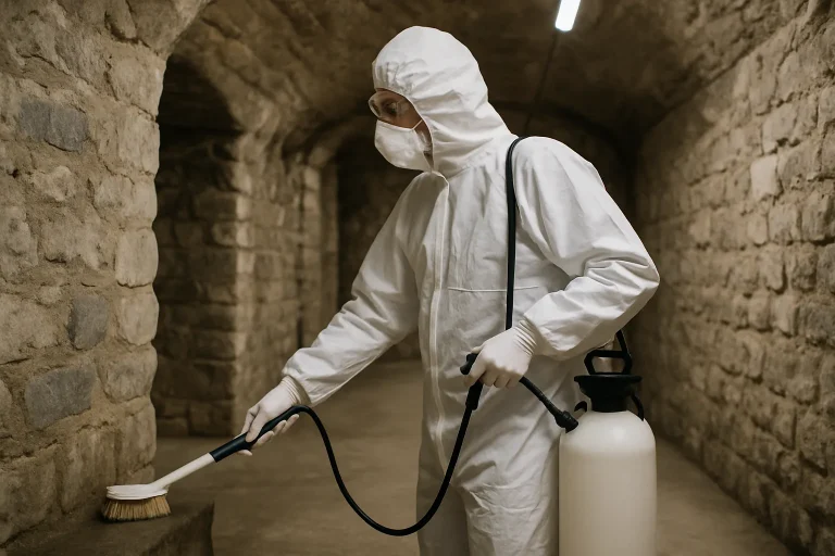 Technicien en tenue de protection nettoyant une cave commune infestée de rats.